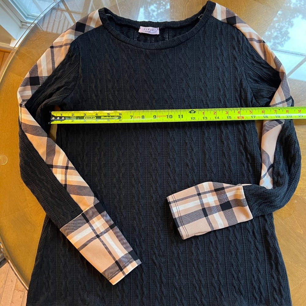 Black Pixie sweater with plaid trim size medium